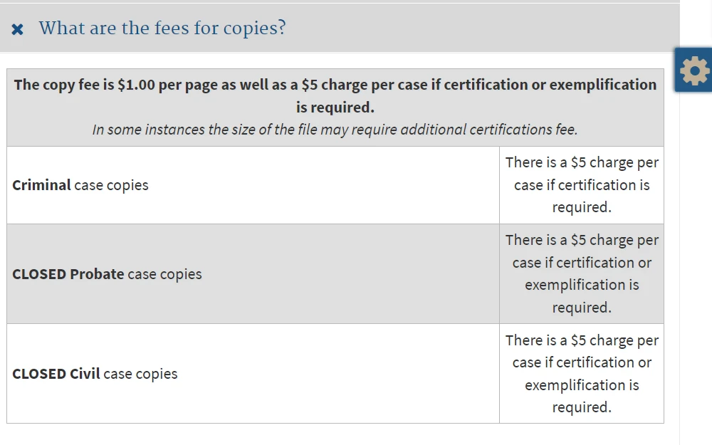 A screenshot displaying the payment amount for each requested document, including criminal case copies ($5), closed probate copies ($5), and closed civil case copies ($5).