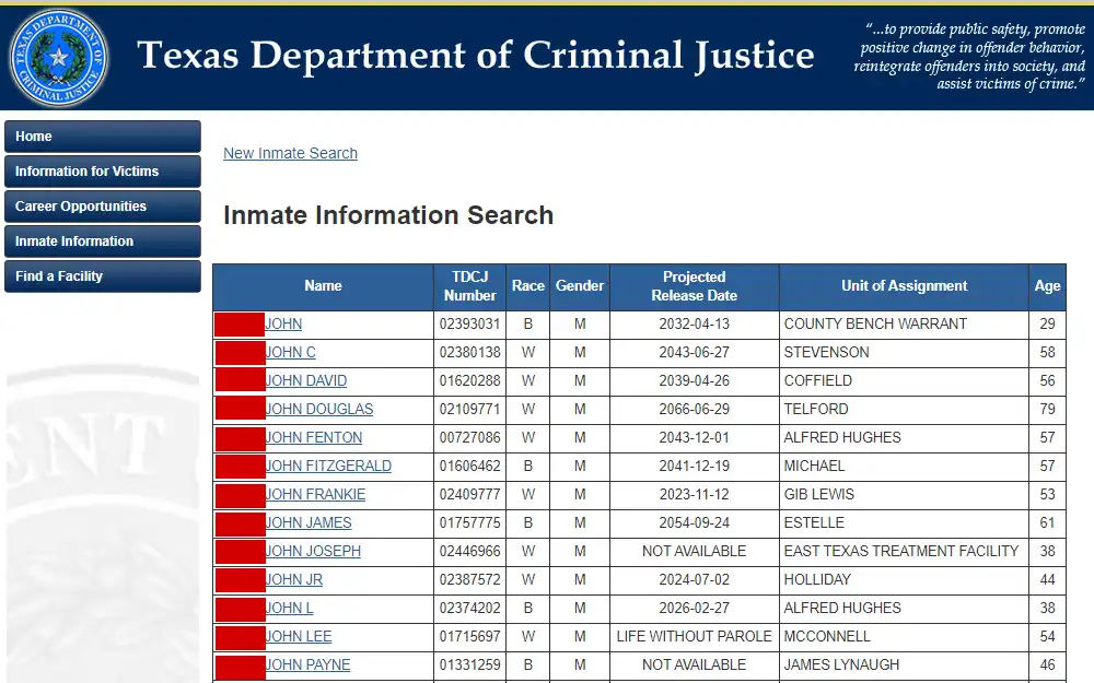 A screenshot from the Texas Department of Criminal Justice showing the list of inmates with their full name, TDCJ number, race, gender, projected release date, unit assignment, and age, along with a link to the full name to view more information about the inmate; the department's logo is at the top left corner.