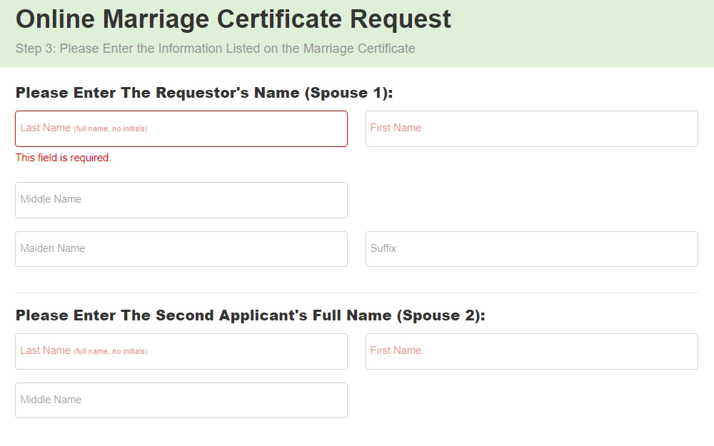 A screenshot of the Online Marriage Certificate Request form displaying required fields for the requestor's last and first name, as well as the second applicant's full name.