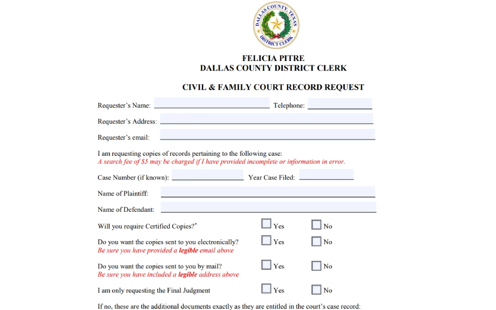 This screenshot displays a request form for civil and family court records from the Dallas County District Clerk, outlining the information needed from the requester to obtain specific court documents.