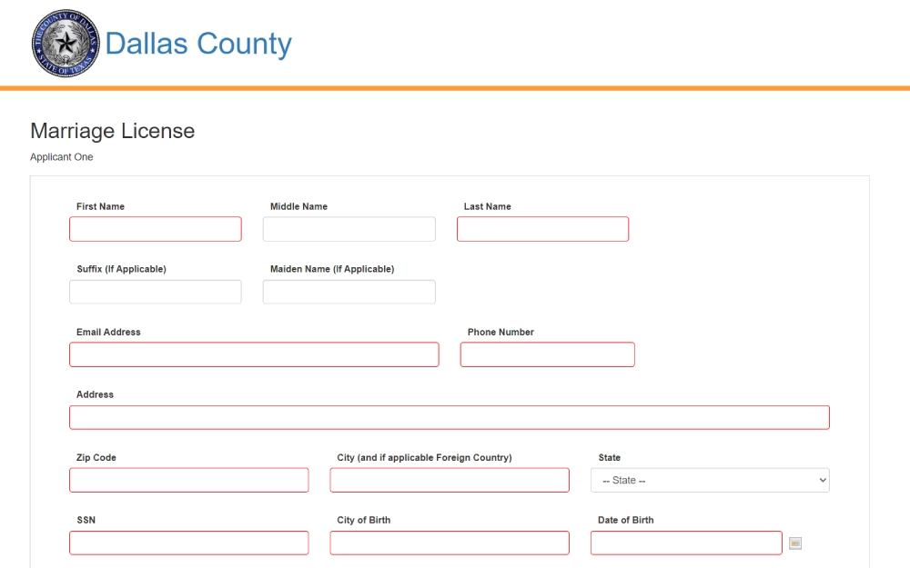 A screenshot of an online application form for a marriage license provided by Dallas County, featuring blank fields for personal details such as first, middle, and last names, suffix, maiden name, contact information, and birth details of Applicant One.