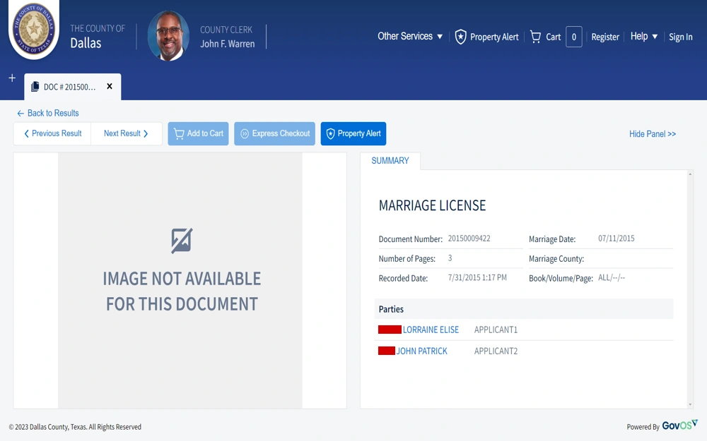 This screenshot depicts a marriage license summary interface from an official county clerk's web portal, with details including document number, marriage date, number of pages, recorded date, and the names of the parties involved in the document.