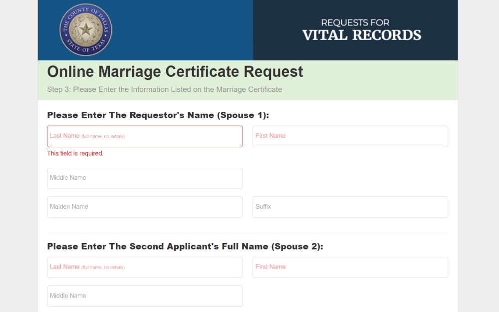 A web page screenshot from a county portal showing a form to request an online marriage certificate, with fields for entering the names of both spouses and the location of the marriage, as part of the vital records request process.