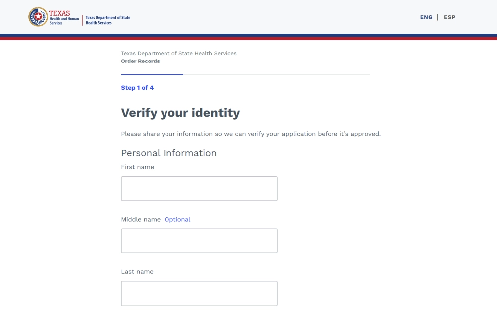 This screenshot shows a webpage from the Texas Department of State Health Services where individuals are prompted to enter their personal information as part of an identity verification process during step one of an online application.