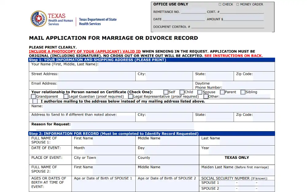 A screenshot of a mail application form from the Texas Department of State Health Services for requesting marriage or divorce records, detailing the applicant's information, the required details for record identification, and the associated costs and fees for processing the application.