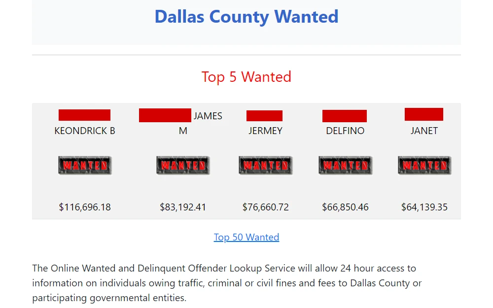 Screenshot of the top five wanted post from the sheriff's office displaying their names and remaining balance.