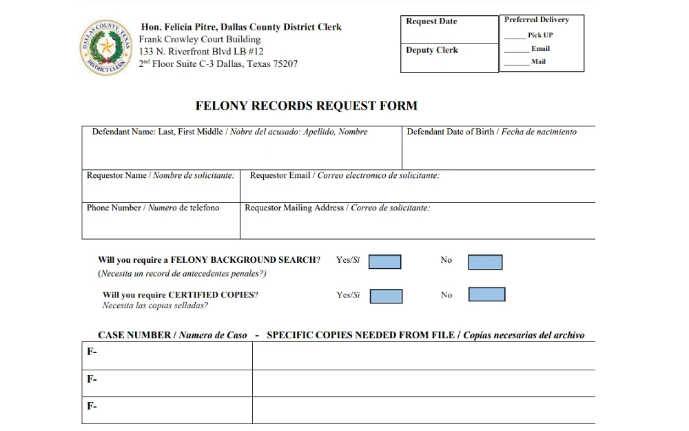 A screenshot showing a felony record request form with information to fill in, such as the defendant's last, first, middle name, date of birth, requestor's name, email address, mailing address and phone number.