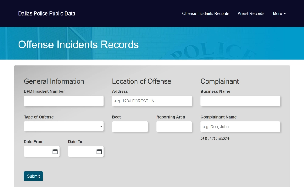 A screenshot showing an offense incident record with search criteria such as general information, which are DPD incident number, type of offense, date duration, location of offense and complainant.