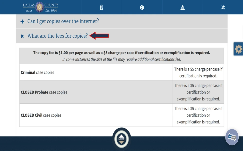 A screenshot displaying the payment amount for each requested document, including criminal case copies ($5), closed probate copies ($5), and closed civil case copies ($5).