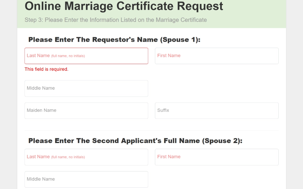 A screenshot of the Online Marriage Certificate Request form displaying required fields for the requestor's last and first name, as well as the second applicant's full name.