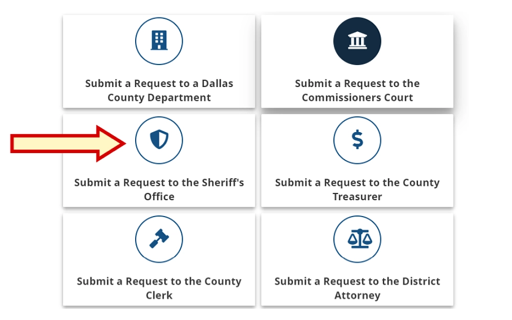 A screenshot showing a Public Records Center menu displaying options to submit a request to a Dallas County Department or Sheriff's Office, with a yellow and red arrow pointing to Commissioners Court, County Treasurer, County Clerk, and District Attorney.