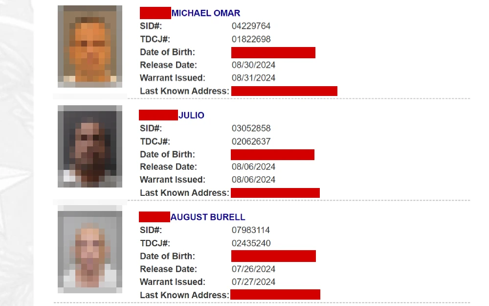 A screenshot featuring a list of sex offender absconders from the Texas Department of Criminal Justice website showing the offender's photo, SID number, TDCJ number, date of birth, release date, warrant issued date, and last known address.